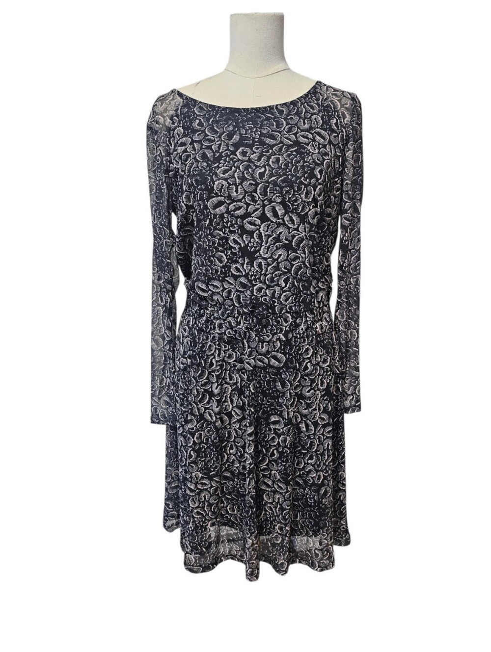 ICHI Black and White Long Sleeve Printed Dress Size M